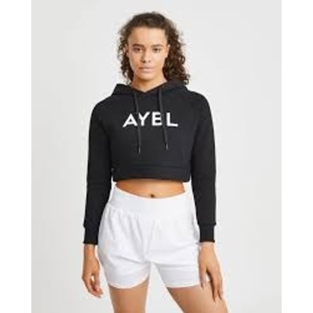AYBL Women Hoodie Small Black Cropped Logo Fleece Long Sleeve Pullover